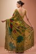 Yellow Viscose Chinon Digital Print Floral V Neck Saree With Blouse For Women Supply