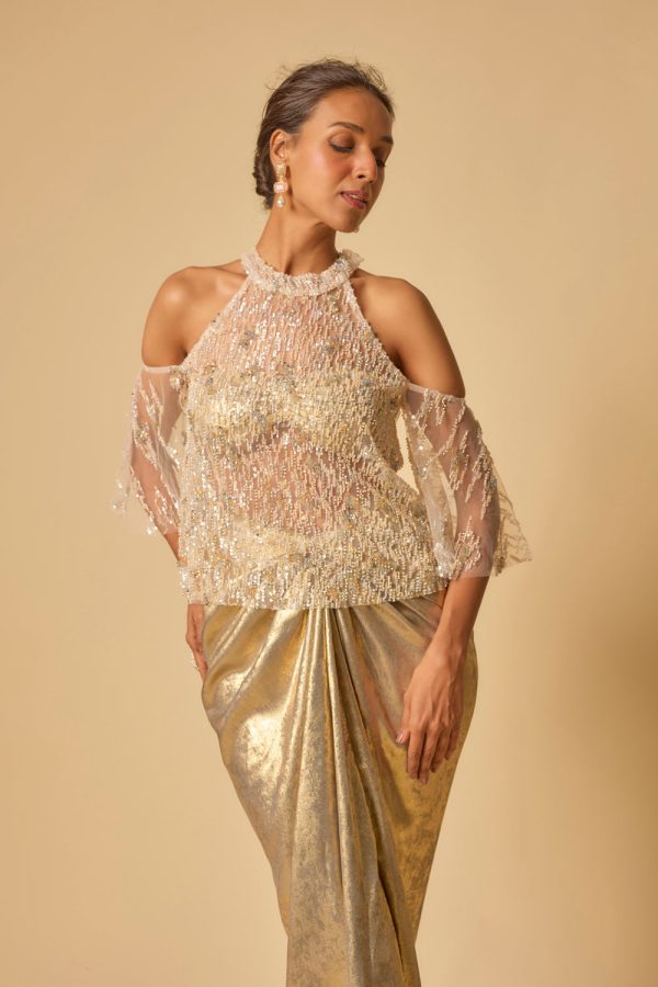 Gold Metallic Drape Skirt Set With Embroidered Cape Online now