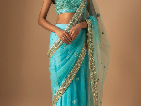 Sky Blue Embroidered Sharara Sari Set Cheap