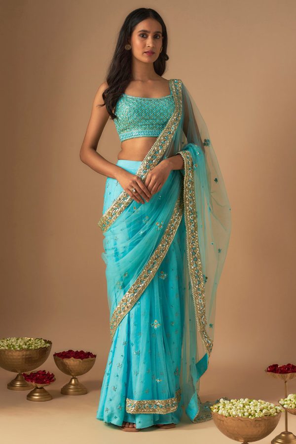 Sky Blue Embroidered Sharara Sari Set Cheap