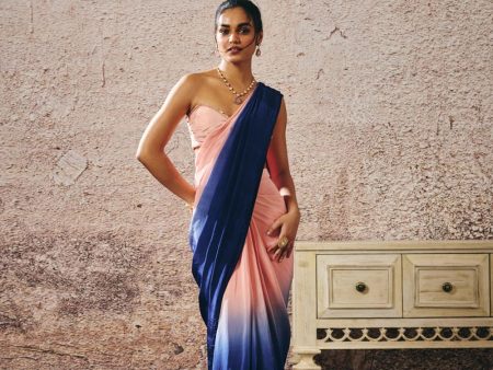 Peach Blouse With [Peach And Navy Blue Ombre Saree on Sale