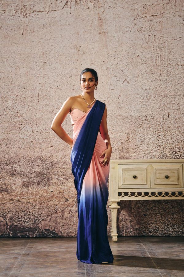 Peach Blouse With [Peach And Navy Blue Ombre Saree on Sale