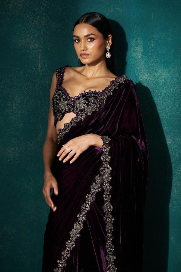 Wine Velvet Saree Online now