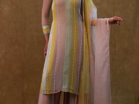 Color Block Kurta Set Paired With Dupatta And Pants Online