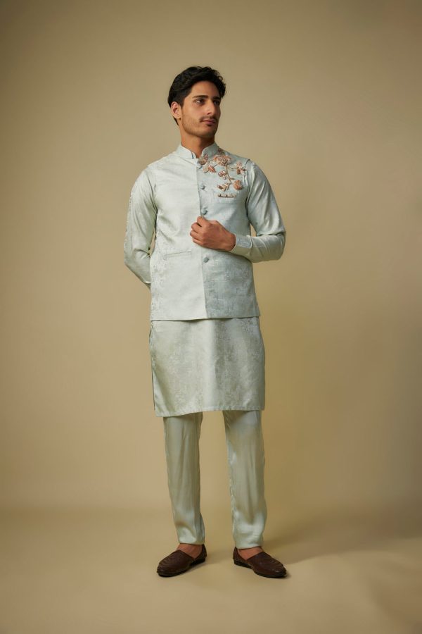 Sage Greem Embroiderd Bundi With Kurta And Pant on Sale