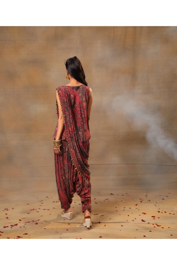 Pink Printed Embroidered Short Top, Dhoti Pants  And Drape Set Cheap