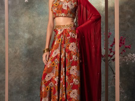 Orange Printed Choli, Skirt And Dupatta Set With Embroidery Cheap