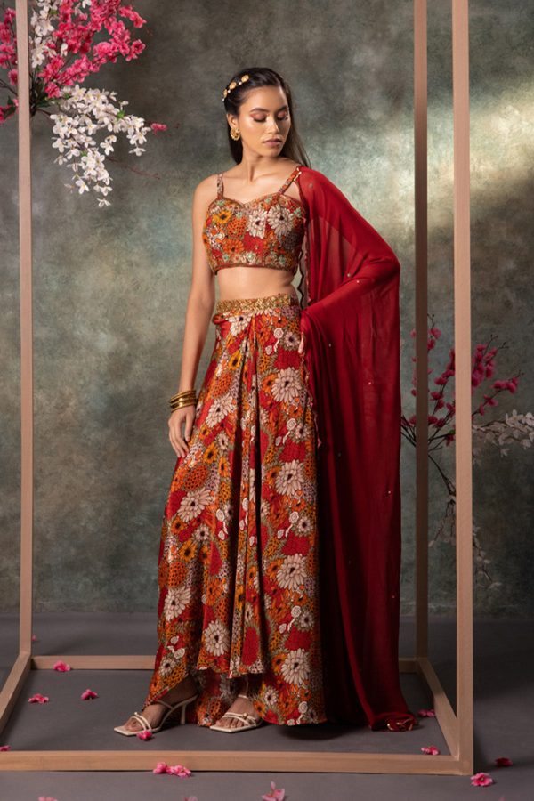 Orange Printed Choli, Skirt And Dupatta Set With Embroidery Cheap