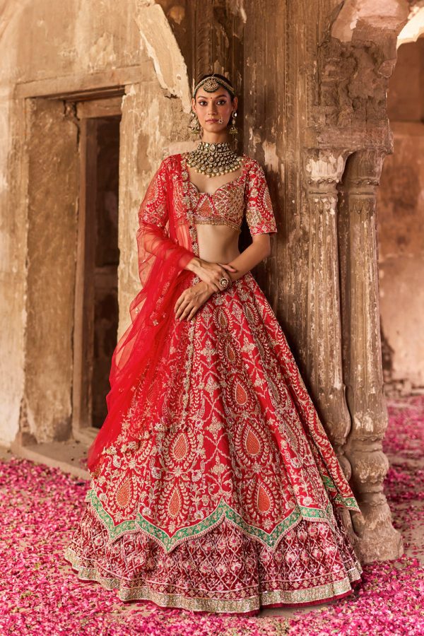 Agasthi  Red Raw Silk Zardosi Embroidered Double Layer Bridal Lehenga Set Online now