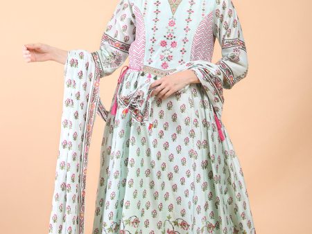 Sea green block print with embroidered Anarkali Set set For Sale