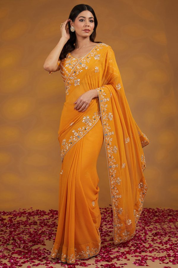 Yellow Georgette Hand Embroidered Saree Set Sale