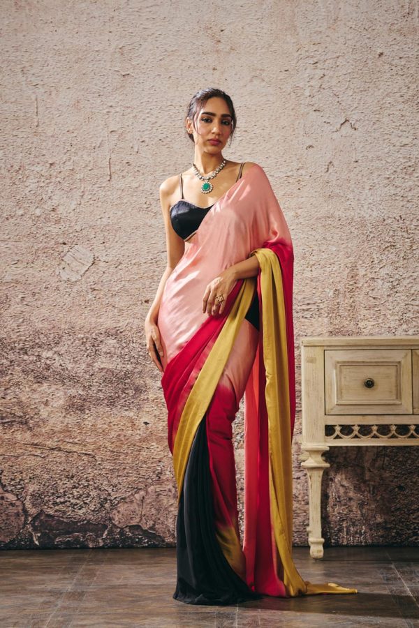 Black Blouse With Black And Red Peach Gold Ombre Saree on Sale