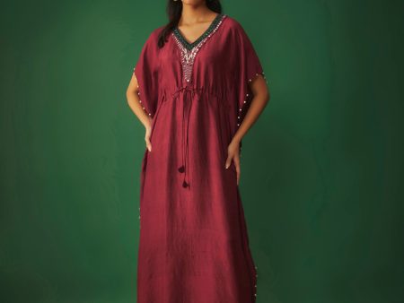 Deep Red Kaftan With Pearls Hot on Sale