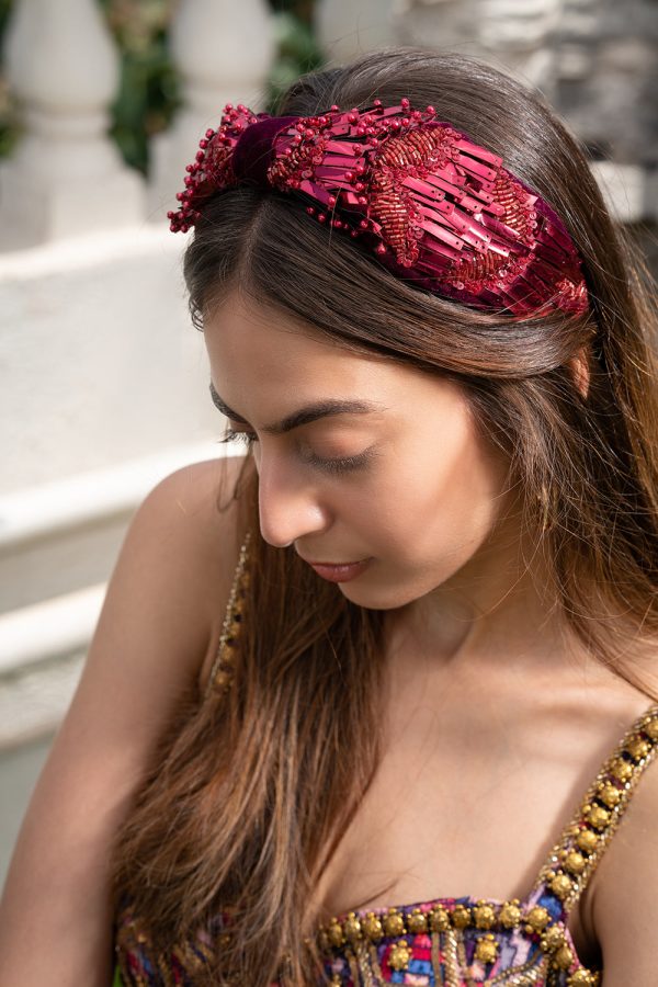 Deep Red Headband With Embroidery Hot on Sale