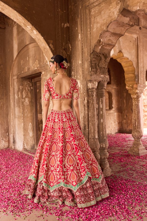 Agasthi  Red Raw Silk Zardosi Embroidered Double Layer Bridal Lehenga Set Online now