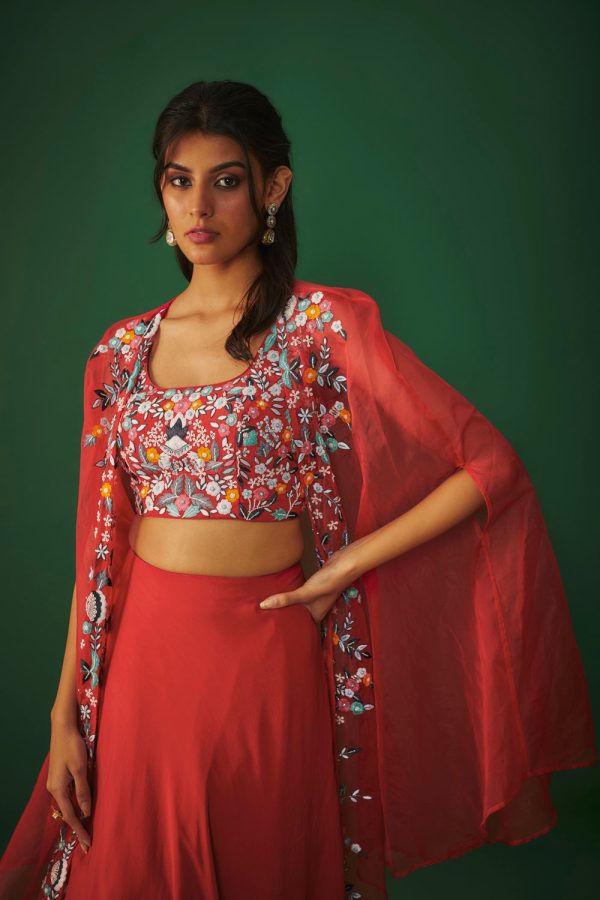 Red Threadwork Embroidered Choli, Cape And Lehenga Set Fashion