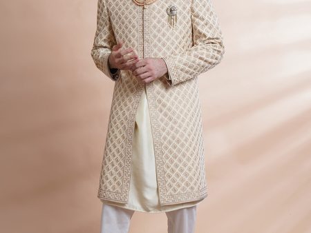 Beige Embroidered Sherwani Kurta Set For Discount