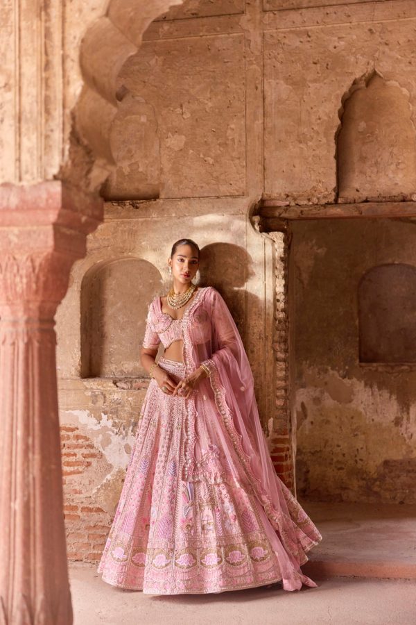 Saasha  Pink Lotus And Elephant Motif Zardosi Bridal Lehenga Set Hot on Sale