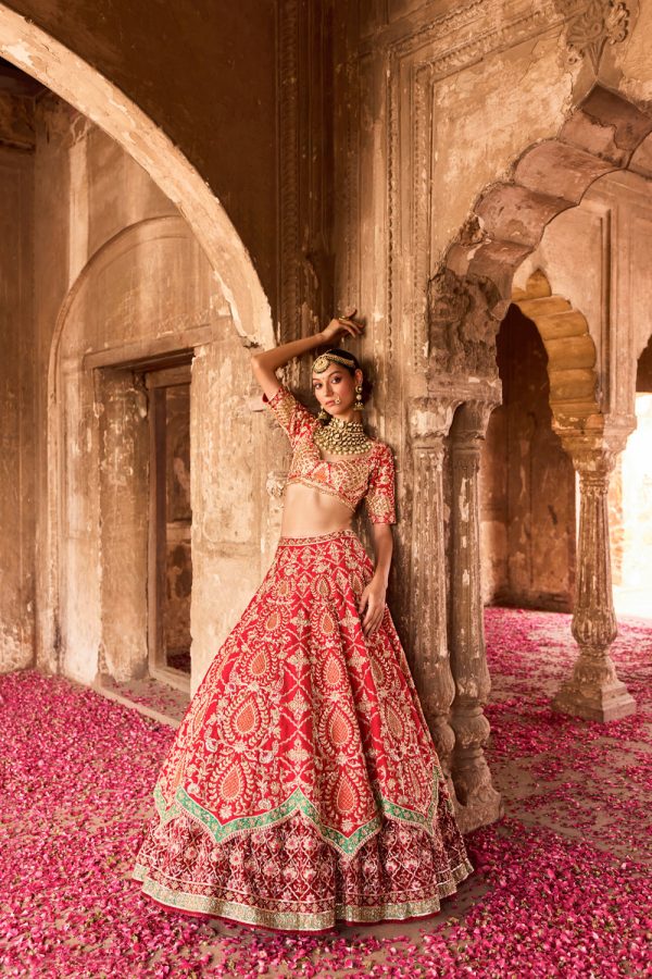 Agasthi  Red Raw Silk Zardosi Embroidered Double Layer Bridal Lehenga Set Online now