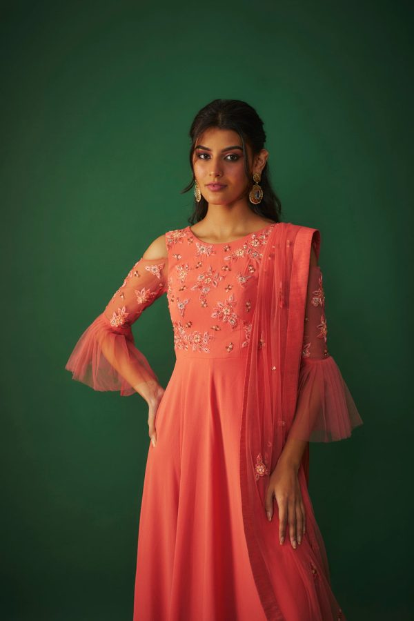 Coral Pink Embroidered Anarkali And Dupatta Set Online Hot Sale