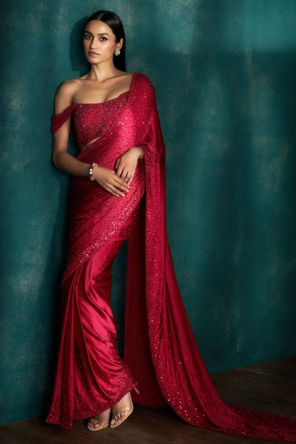 Red Sequins Saree Cheap