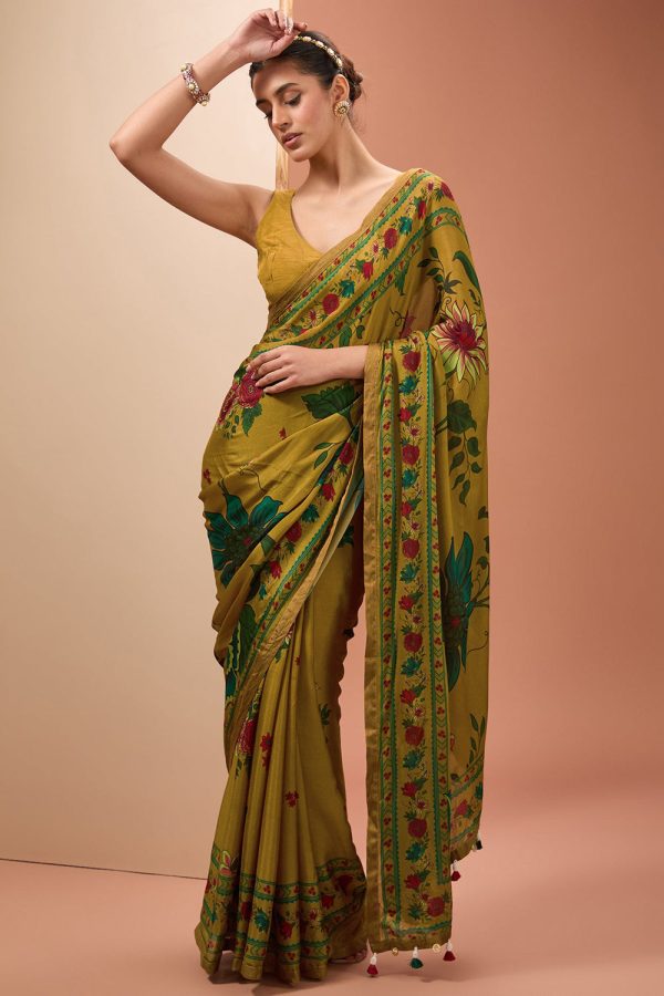 Yellow Viscose Chinon Digital Print Floral V Neck Saree With Blouse For Women Supply