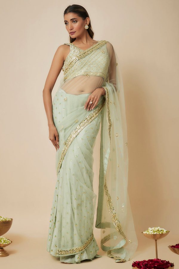 Pista Green Embroidered Sharara Sari Set Fashion