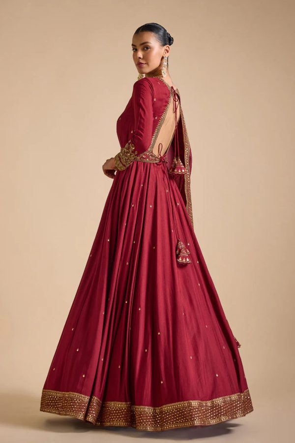 Embroidered Cuff Tussar Anarkali Set For Sale