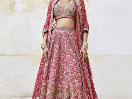 Adhyavi Embroidered Zardozi Silk Lehenga Set Red Online Sale