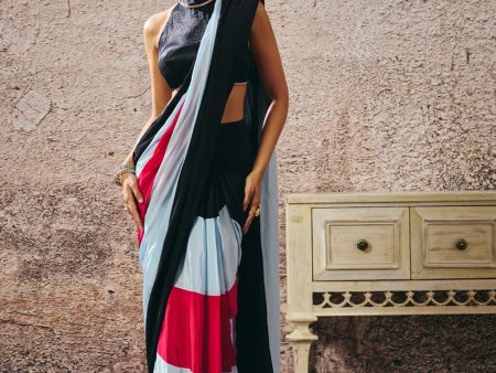 Black Blouse With Black Blue Hot Pink Colour Block Saree For Discount