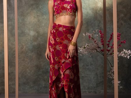 Pink Printed Backless Top And Asymmetrical Skirt Set With Embroidery Sale