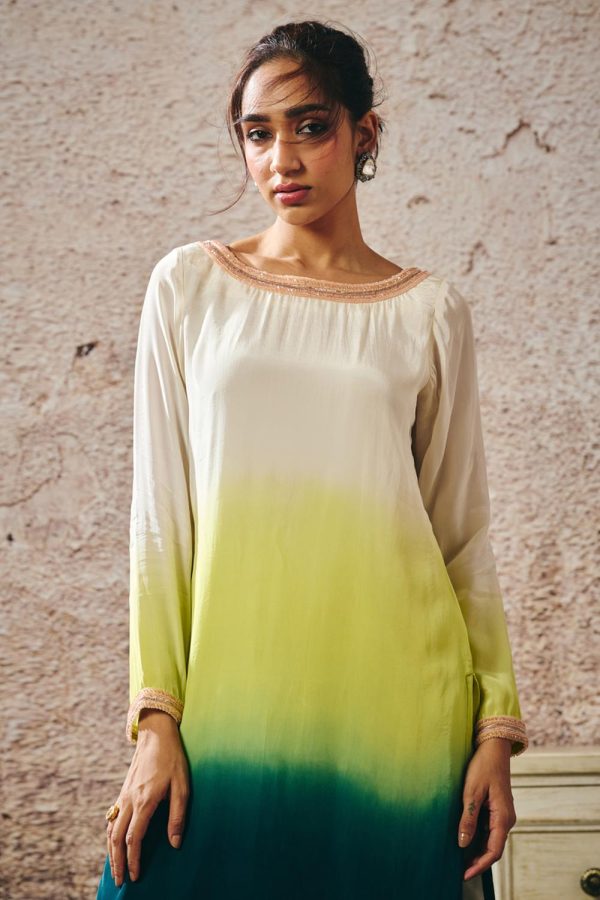 Beige To Dark Green Ombre Kurta Online