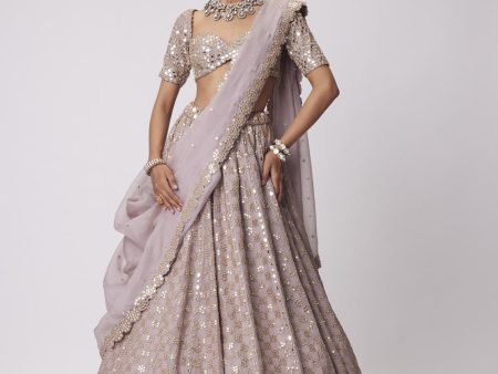 Ash Pink Mirror Flower Embroidered Lehenga Set Online