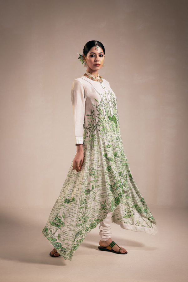 Green Chanderi High Low Anarkali With Churidar on Sale