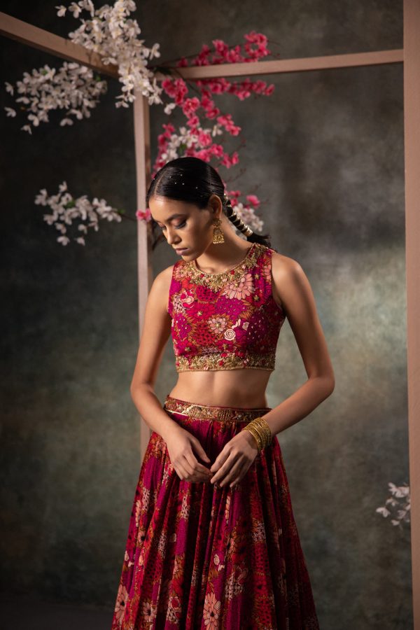 Pink Printed Backless Top And Lehenga Set With Embroidery Sale