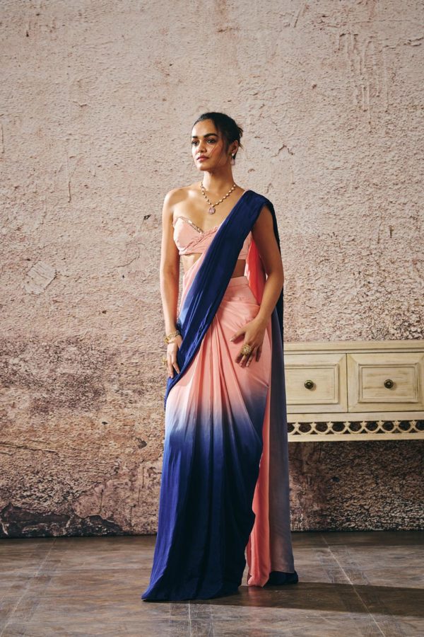 Peach Blouse With [Peach And Navy Blue Ombre Saree on Sale