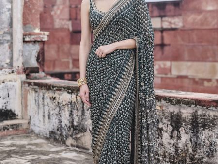 Abjini Printed Georgette Saree - Green Cheap