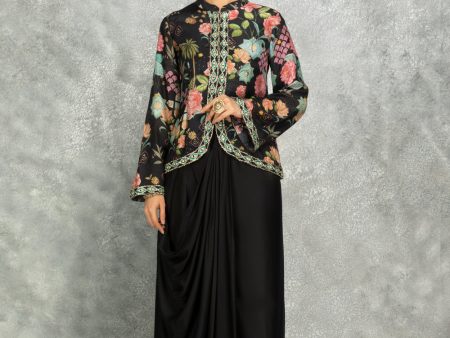 Black Embroidered Printed Jacket With Drape Skirt Cheap