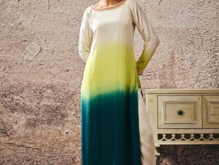 Beige To Dark Green Ombre Kurta Online