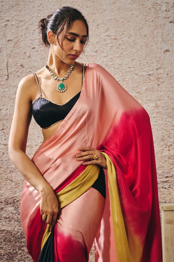 Black Blouse With Black And Red Peach Gold Ombre Saree on Sale