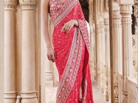 Anushna Handcrafted Badla Georgette Saree Red For Cheap