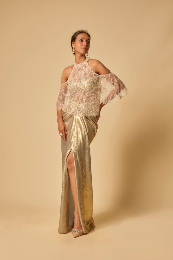 Gold Metallic Drape Skirt Set With Embroidered Cape Online now