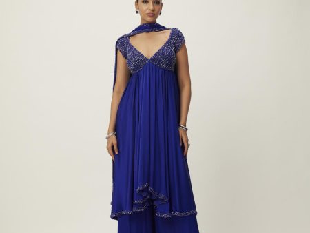 Cocktail Blue Crystal Beaded Kurta Set Cheap