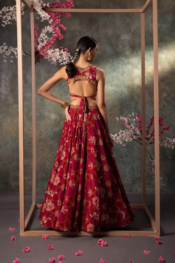 Pink Printed Backless Top And Lehenga Set With Embroidery Sale