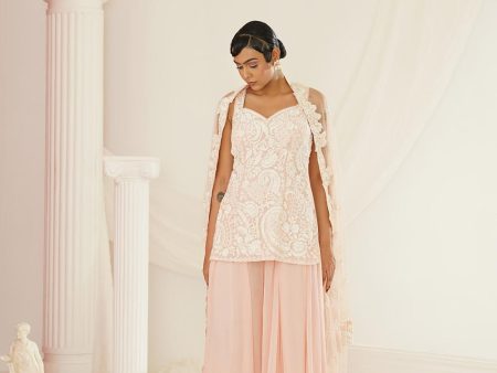 Blush Pink Embellished Kurta, Pallazo And Dupatta Hot on Sale