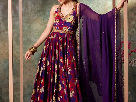 Purple Printed Anarkali And Dupatta Set With Embroidery Online