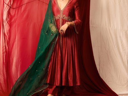 Rasberry Hand Embellished Anarkali With Palazzo And Dupatta Set Supply