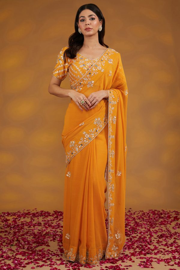 Yellow Georgette Hand Embroidered Saree Set Sale