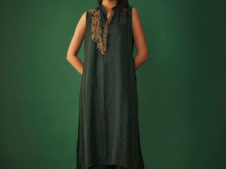 Emerald Green Kurta Pant Set With Copper Gold Embroidery Online Hot Sale