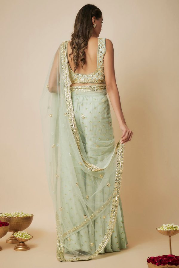 Pista Green Embroidered Sharara Sari Set Fashion